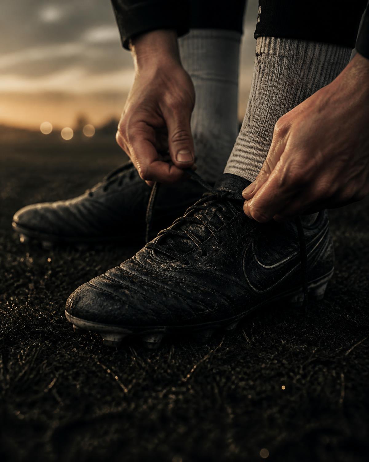 Hands tying the laces of worn football boots on a dark pitch at dawn