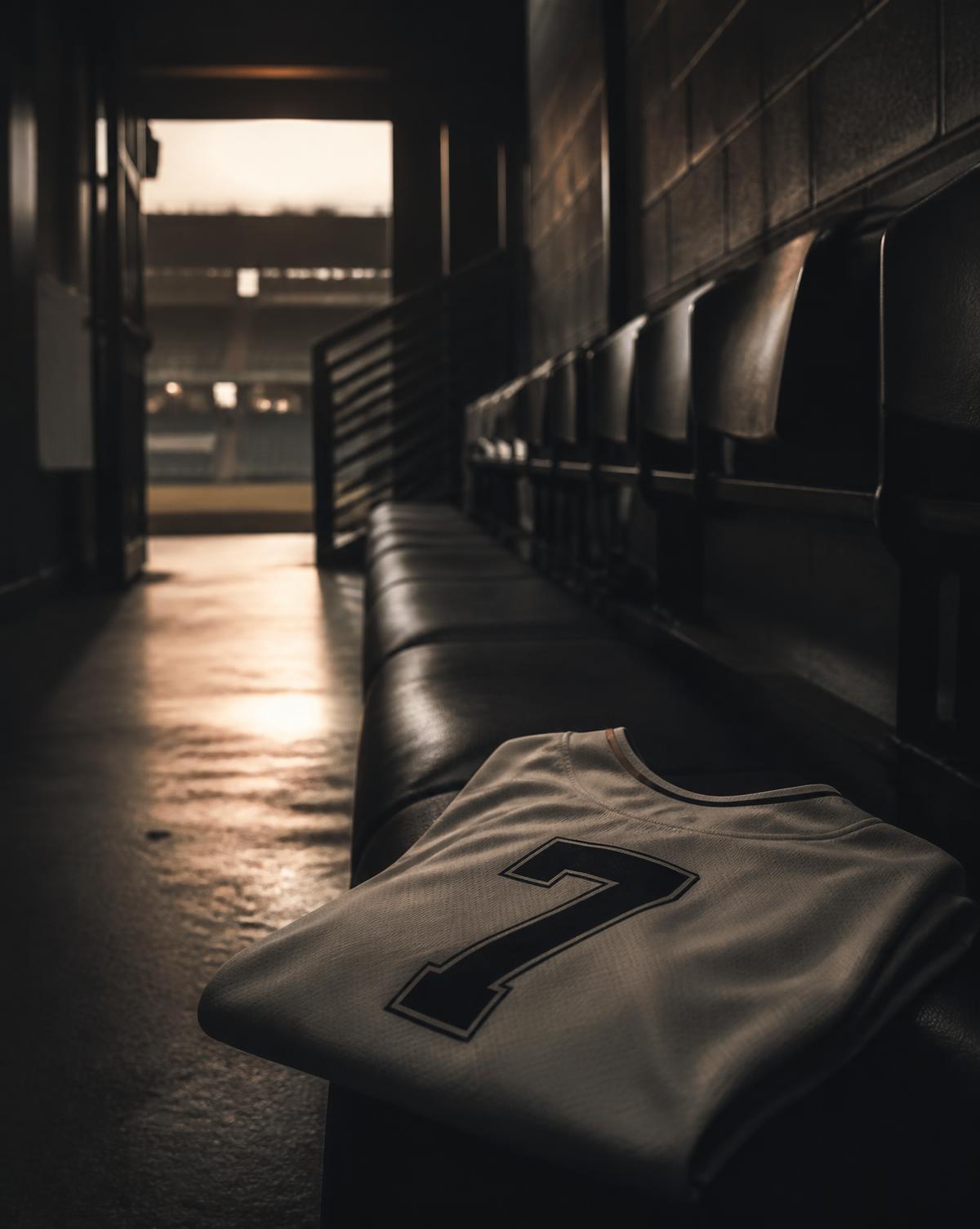 A folded jersey resting on a bench in an empty stadium tunnel